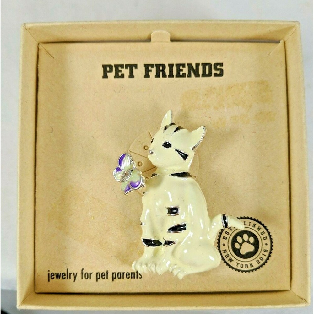 Pet Friends‎ Enamel Cat Spring Butterfly White Black Stripe Kitty Pin Brooch NIB